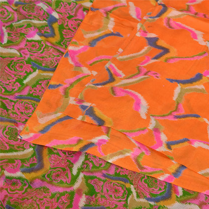 Sanskriti Vintage Sarees From India Orange Pure Silk Printed Sari Craft Sustainable Fabric