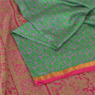 Sanskriti Vintage Sarees Green Zari Border Pure Silk Print Sari 5yd Craft Fabric