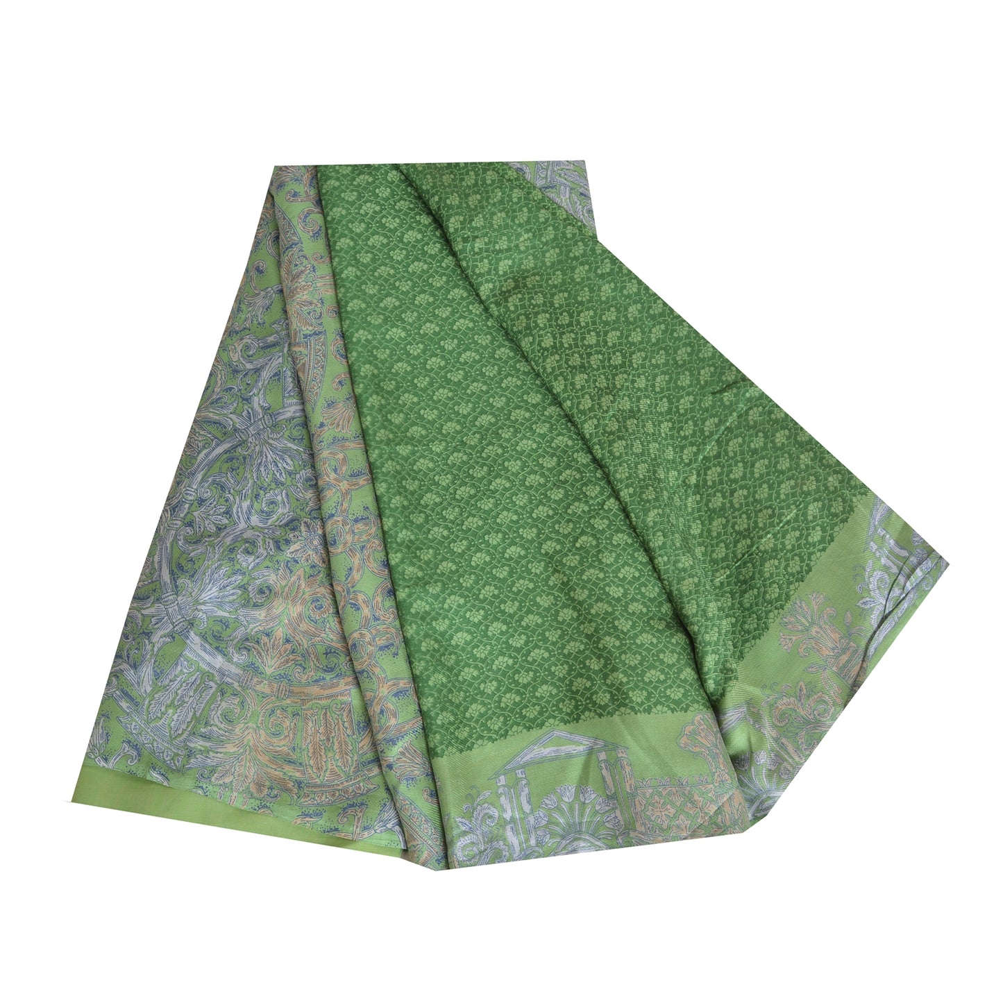 Sanskriti Vintage Sarees Indian Green Pure Silk Printed Sari 5yd Craft Sustainable Fabric