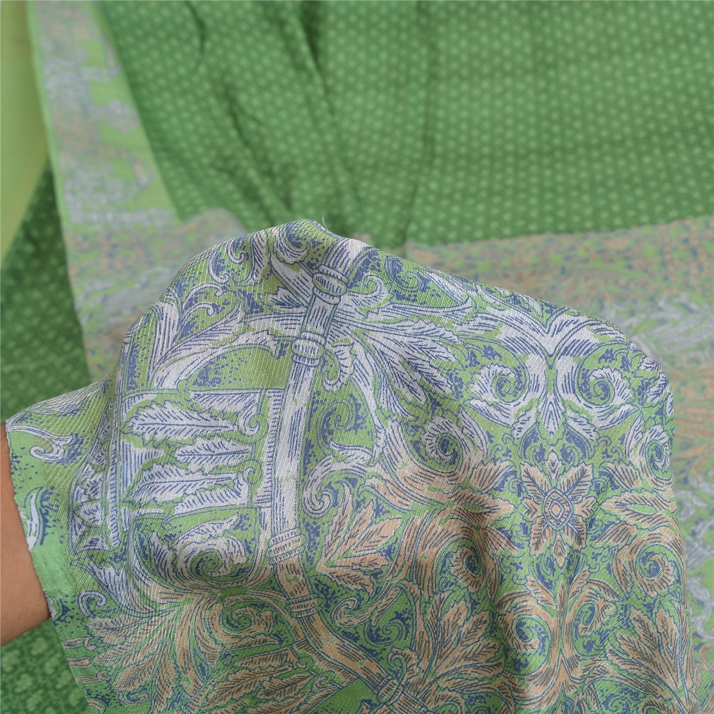 Sanskriti Vintage Sarees Indian Green Pure Silk Printed Sari 5yd Craft Sustainable Fabric