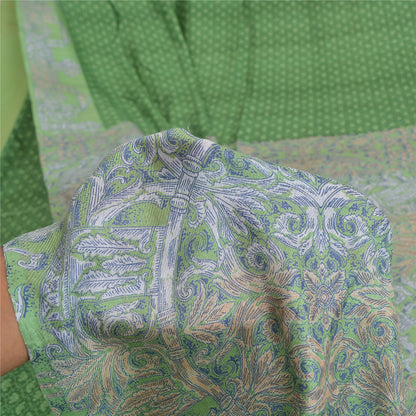 Sanskriti Vintage Sarees Indian Green Pure Silk Printed Sari 5yd Craft Sustainable Fabric
