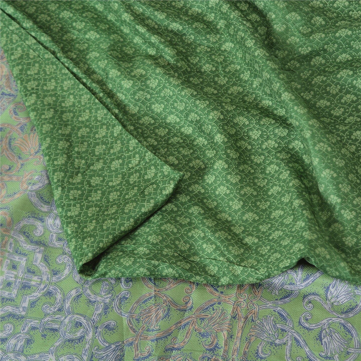 Sanskriti Vintage Sarees Indian Green Pure Silk Printed Sari 5yd Craft Sustainable Fabric