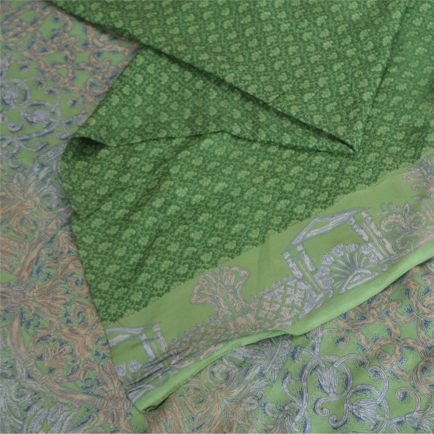 Sanskriti Vintage Sarees Indian Green Pure Silk Printed Sari 5yd Craft Sustainable Fabric