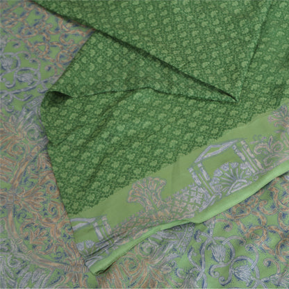 Sanskriti Vintage Sarees Indian Green Pure Silk Printed Sari 5yd Craft Sustainable Fabric