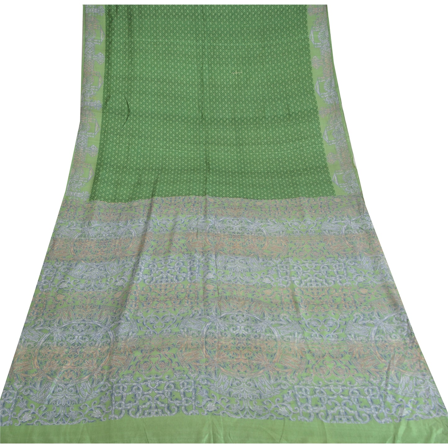 Sanskriti Vintage Sarees Indian Green Pure Silk Printed Sari 5yd Craft Sustainable Fabric