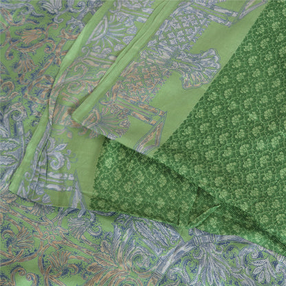 Sanskriti Vintage Sarees Indian Green Pure Silk Printed Sari 5yd Craft Sustainable Fabric