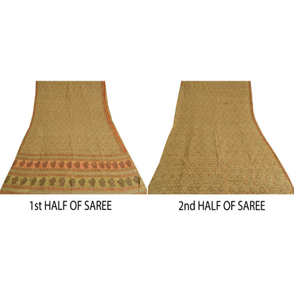Sanskriti Vintage Sarees Indian Cream Pure Silk Printed Sari 5yd Craft Sustainable Fabric