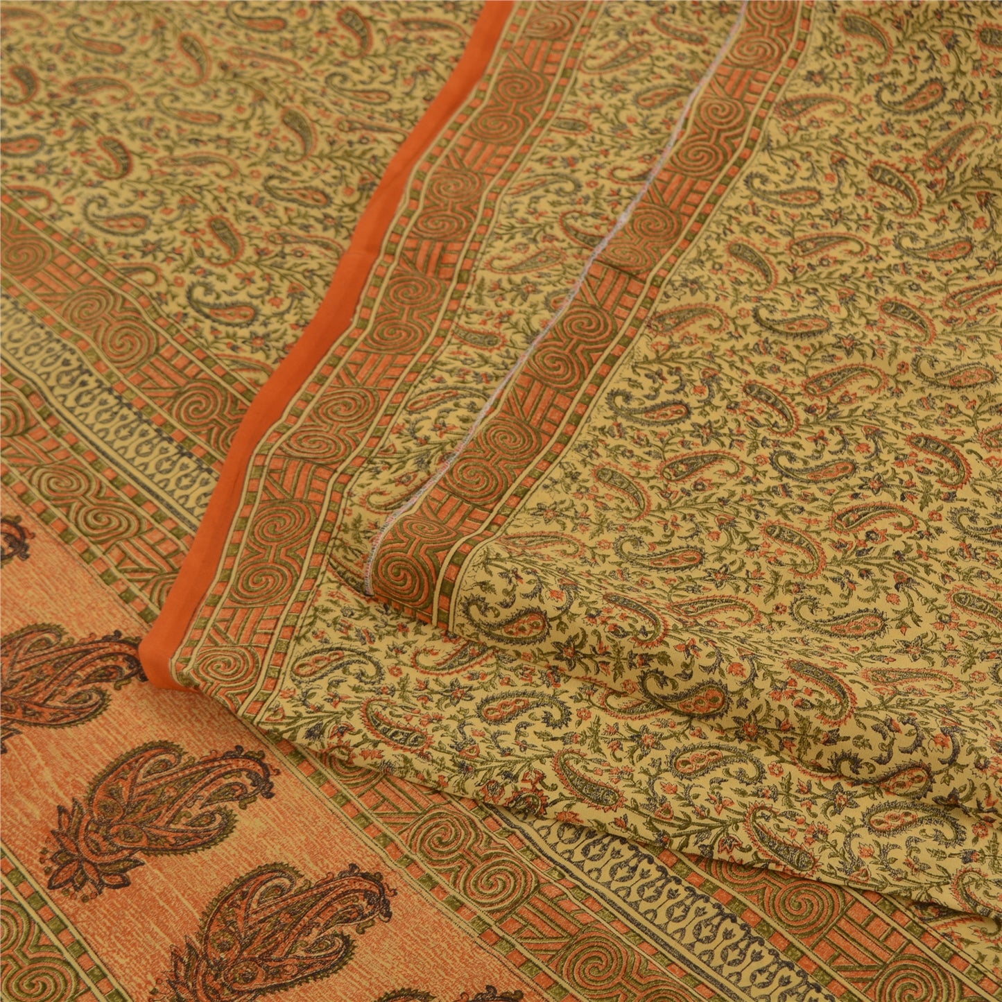 Sanskriti Vintage Sarees Indian Cream Pure Silk Printed Sari 5yd Craft Sustainable Fabric