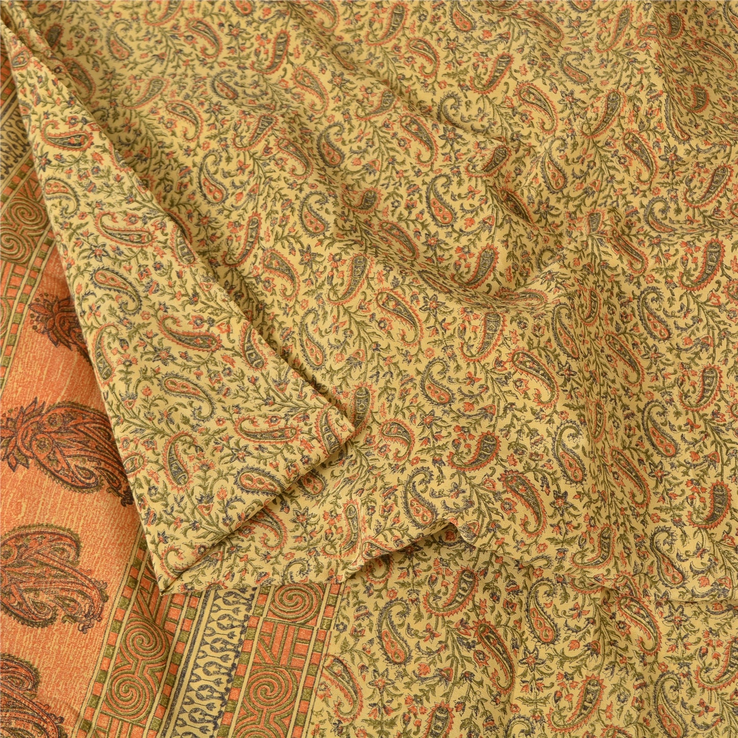 Sanskriti Vintage Sarees Indian Cream Pure Silk Printed Sari 5yd Craft Sustainable Fabric