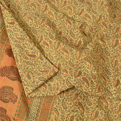 Sanskriti Vintage Sarees Indian Cream Pure Silk Printed Sari 5yd Craft Sustainable Fabric