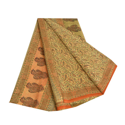 Sanskriti Vintage Sarees Indian Cream Pure Silk Printed Sari 5yd Craft Sustainable Fabric