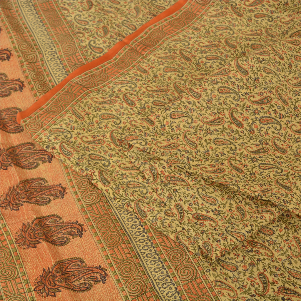 Sanskriti Vintage Sarees Indian Cream Pure Silk Printed Sari 5yd Craft Sustainable Fabric