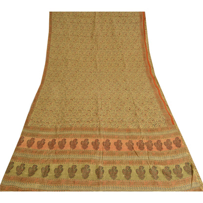 Sanskriti Vintage Sarees Indian Cream Pure Silk Printed Sari 5yd Craft Sustainable Fabric
