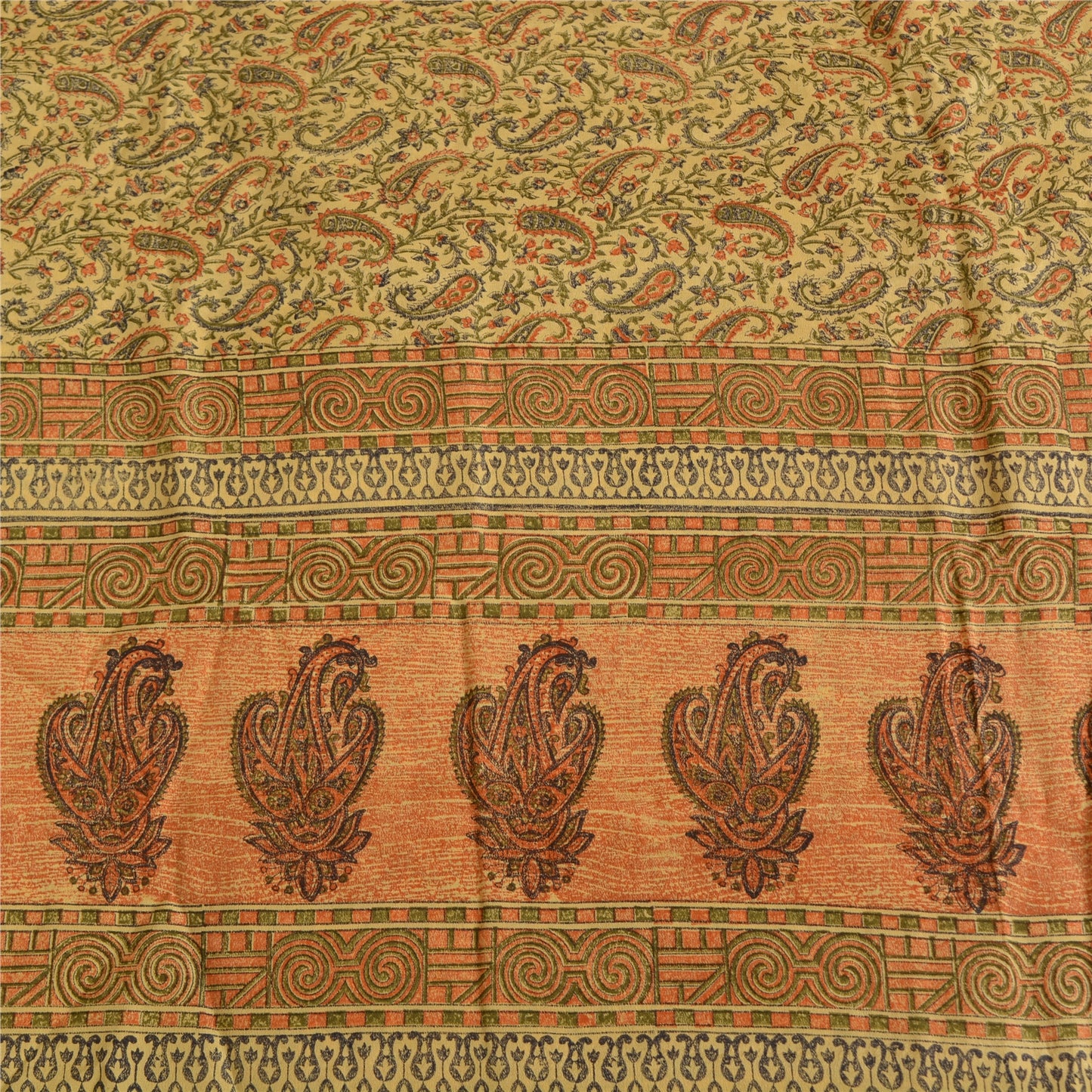 Sanskriti Vintage Sarees Indian Cream Pure Silk Printed Sari 5yd Craft Sustainable Fabric