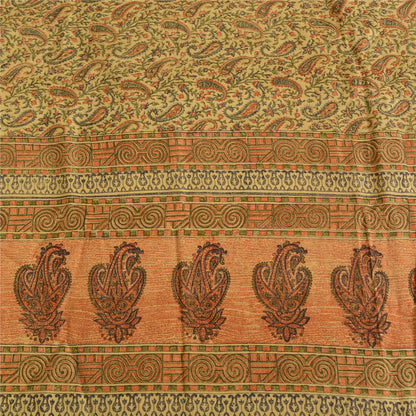 Sanskriti Vintage Sarees Indian Cream Pure Silk Printed Sari 5yd Craft Sustainable Fabric