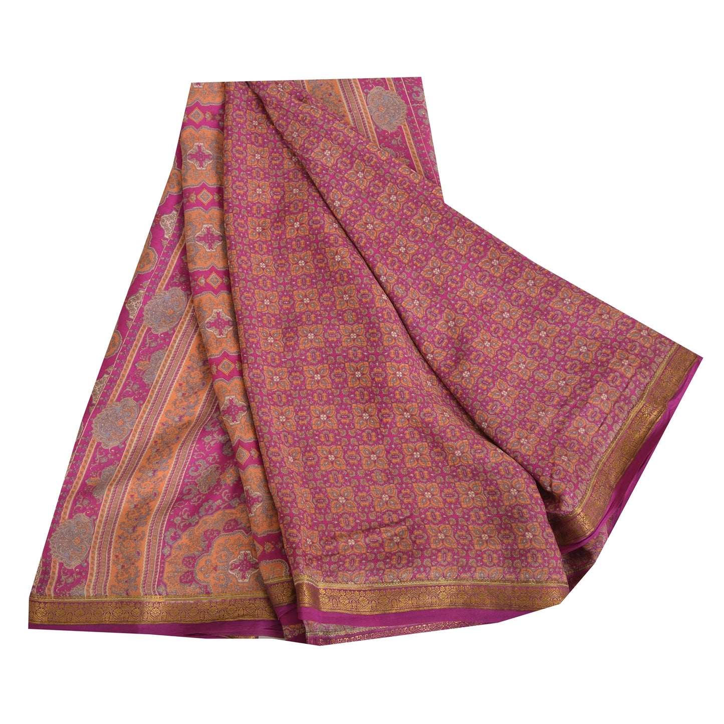 Sanskriti Vintage Sarees Indian Purple Pure Silk Printed Sari 5yd Craft Sustainable Fabric