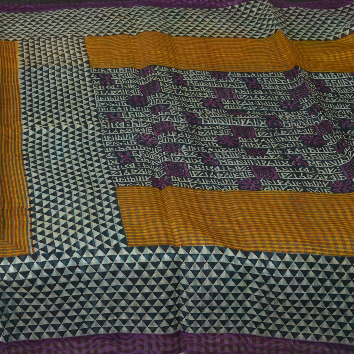 Sanskriti Vintage Sarees Indian Black Pure Silk Printed Sari 5yd Craft Sustainable Fabric