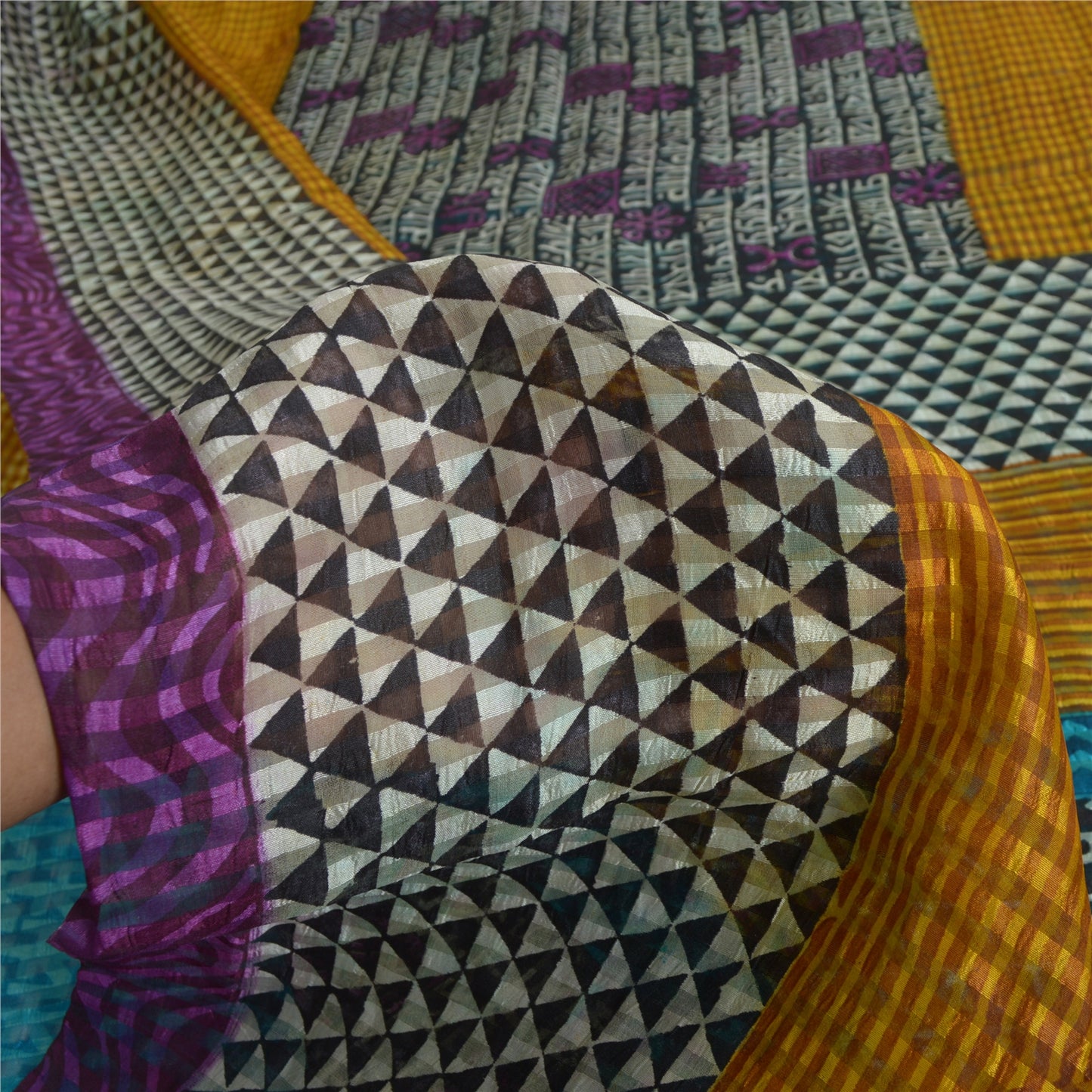 Sanskriti Vintage Sarees Indian Black Pure Silk Printed Sari 5yd Craft Sustainable Fabric