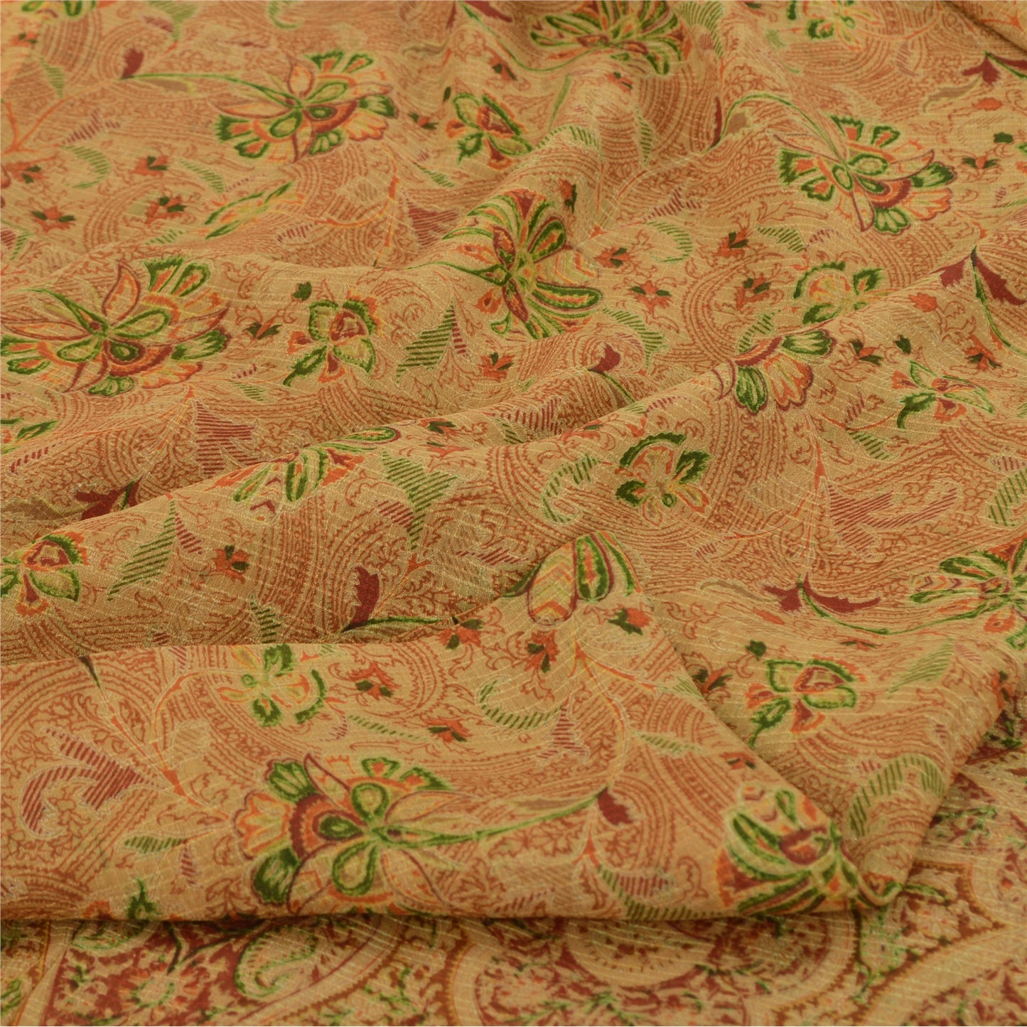 Sanskriti Vintage Sarees Cream Indian Pure Silk Printed Sari 5yd Craft Sustainable Fabric