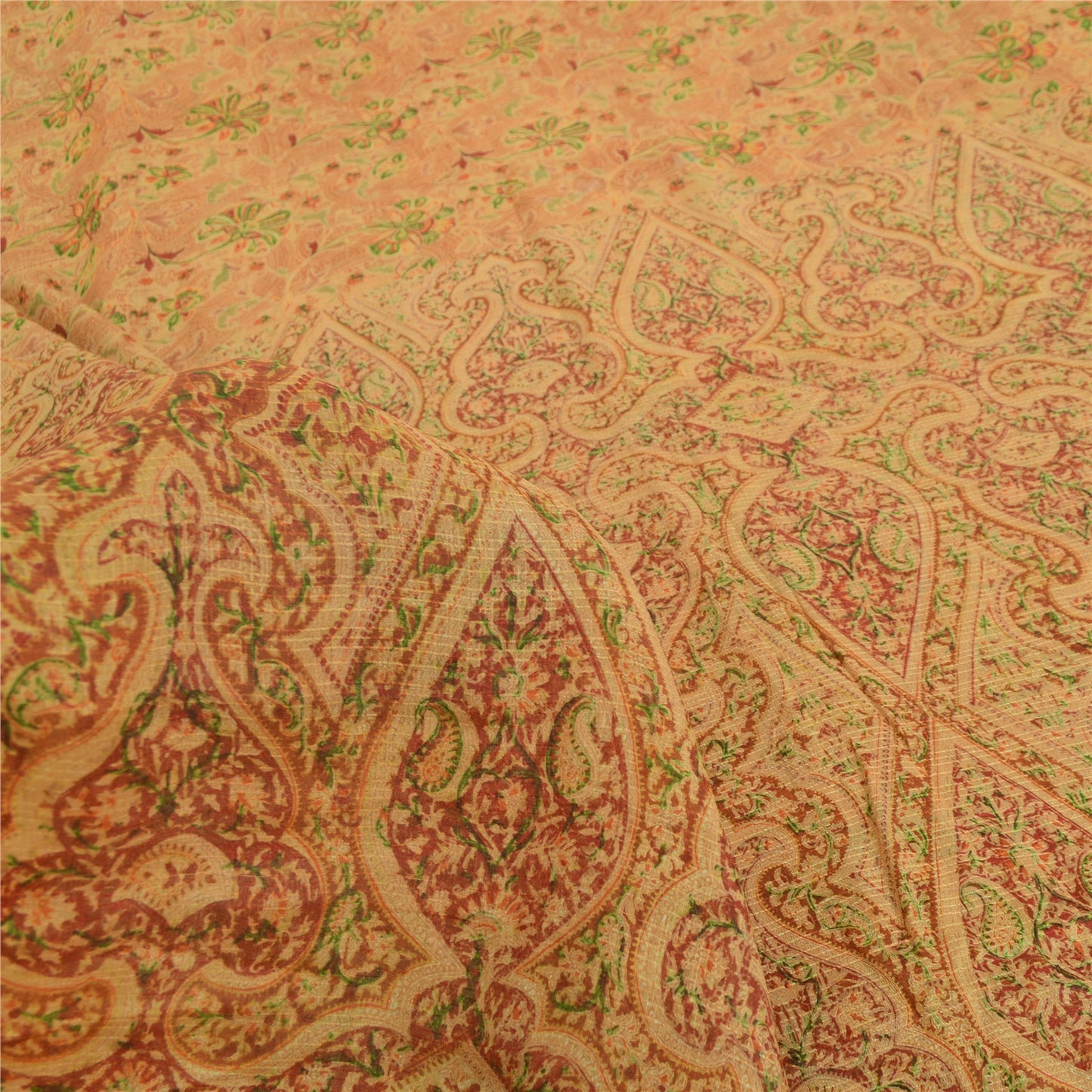 Sanskriti Vintage Sarees Cream Indian Pure Silk Printed Sari 5yd Craft Sustainable Fabric