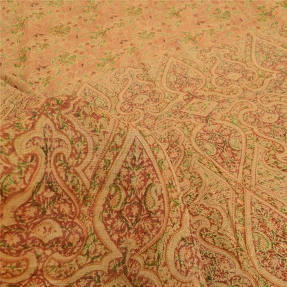 Sanskriti Vintage Sarees Cream Indian Pure Silk Printed Sari 5yd Craft Sustainable Fabric