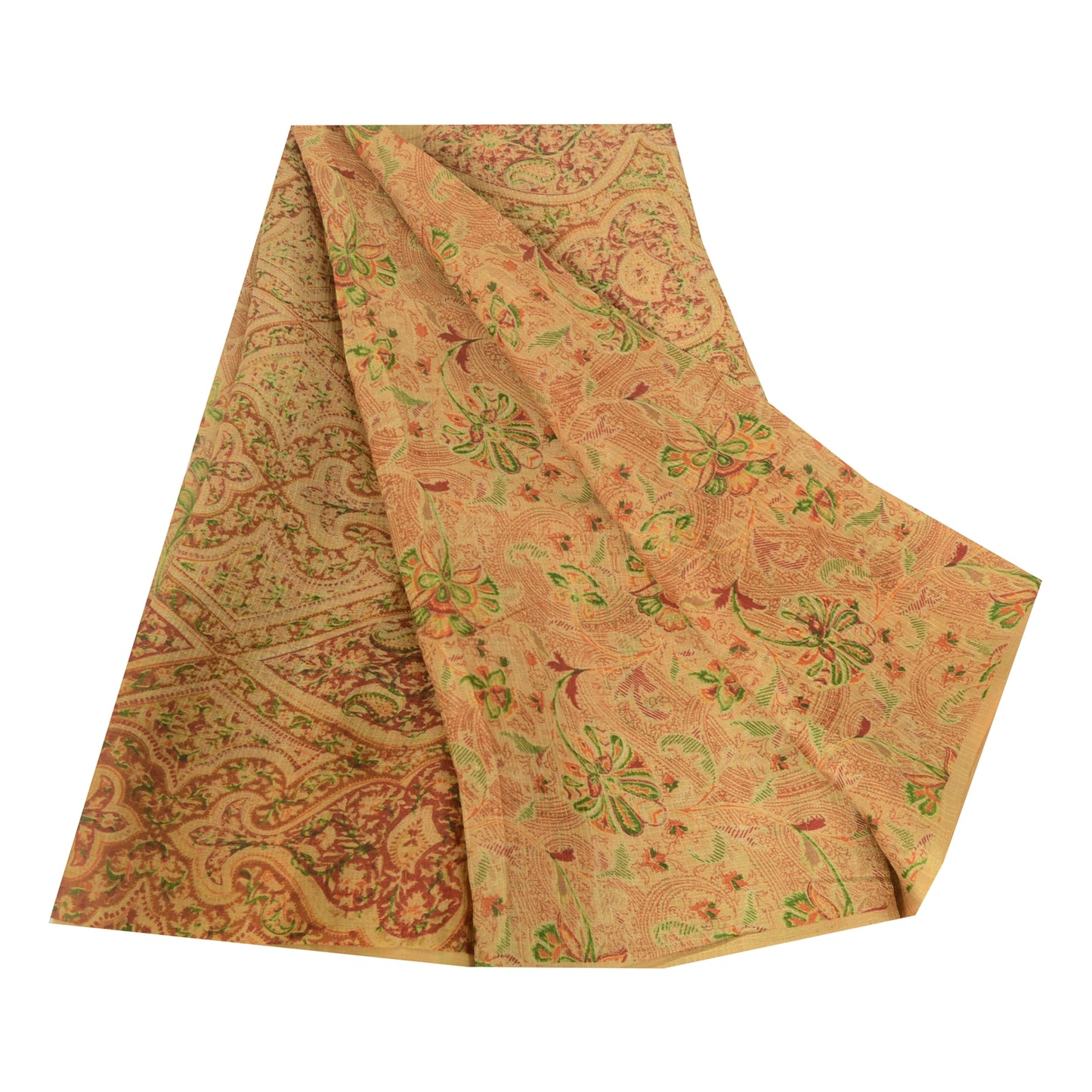 Sanskriti Vintage Sarees Cream Indian Pure Silk Printed Sari 5yd Craft Sustainable Fabric