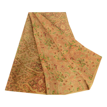Sanskriti Vintage Sarees Cream Indian Pure Silk Printed Sari 5yd Craft Sustainable Fabric