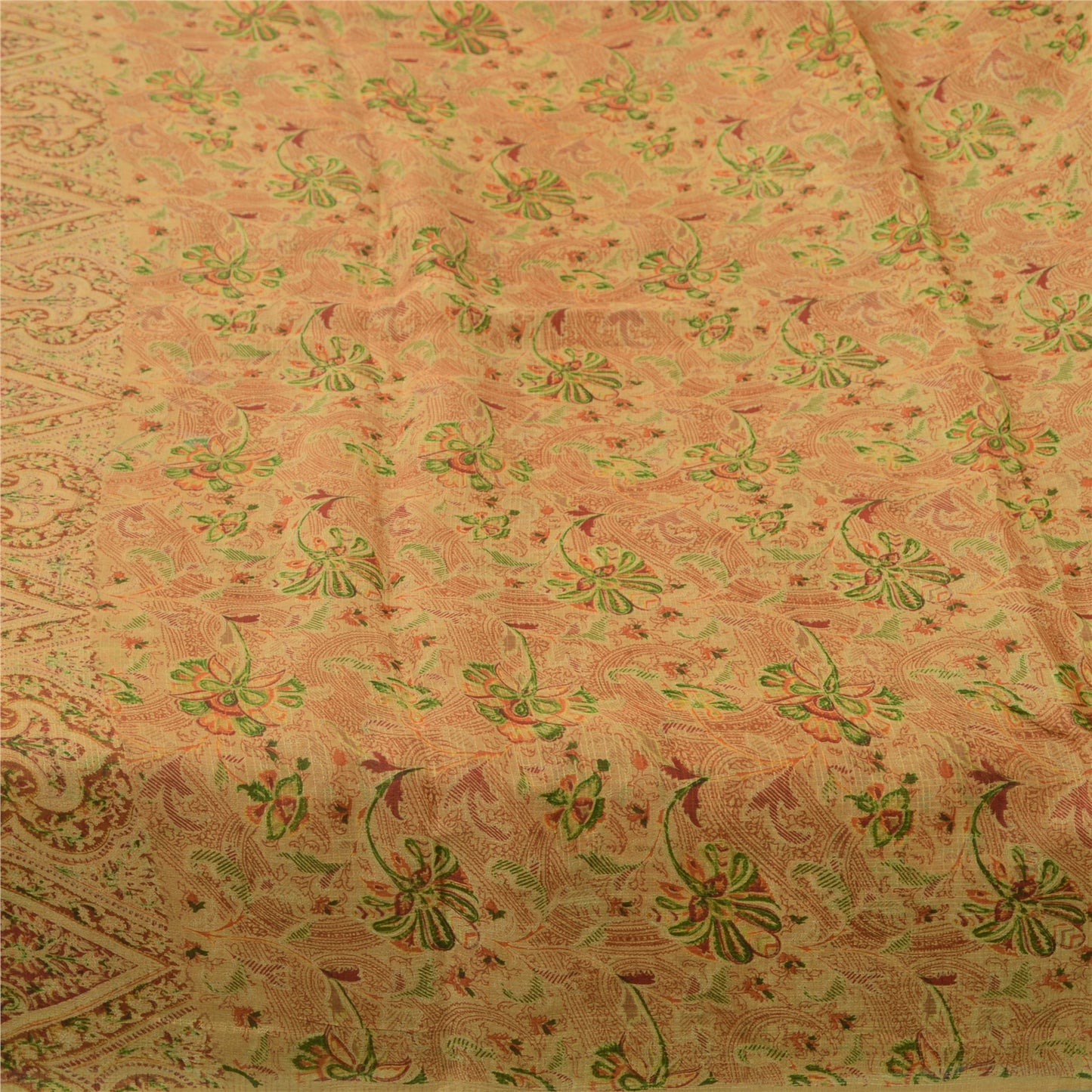 Sanskriti Vintage Sarees Cream Indian Pure Silk Printed Sari 5yd Craft Sustainable Fabric