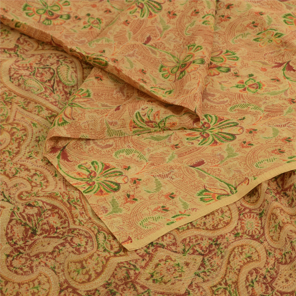Sanskriti Vintage Sarees Cream Indian Pure Silk Printed Sari 5yd Craft Sustainable Fabric