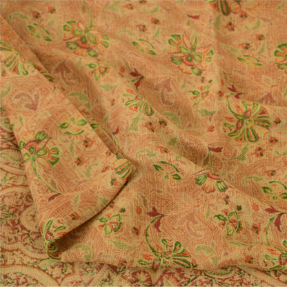 Sanskriti Vintage Sarees Cream Indian Pure Silk Printed Sari 5yd Craft Sustainable Fabric