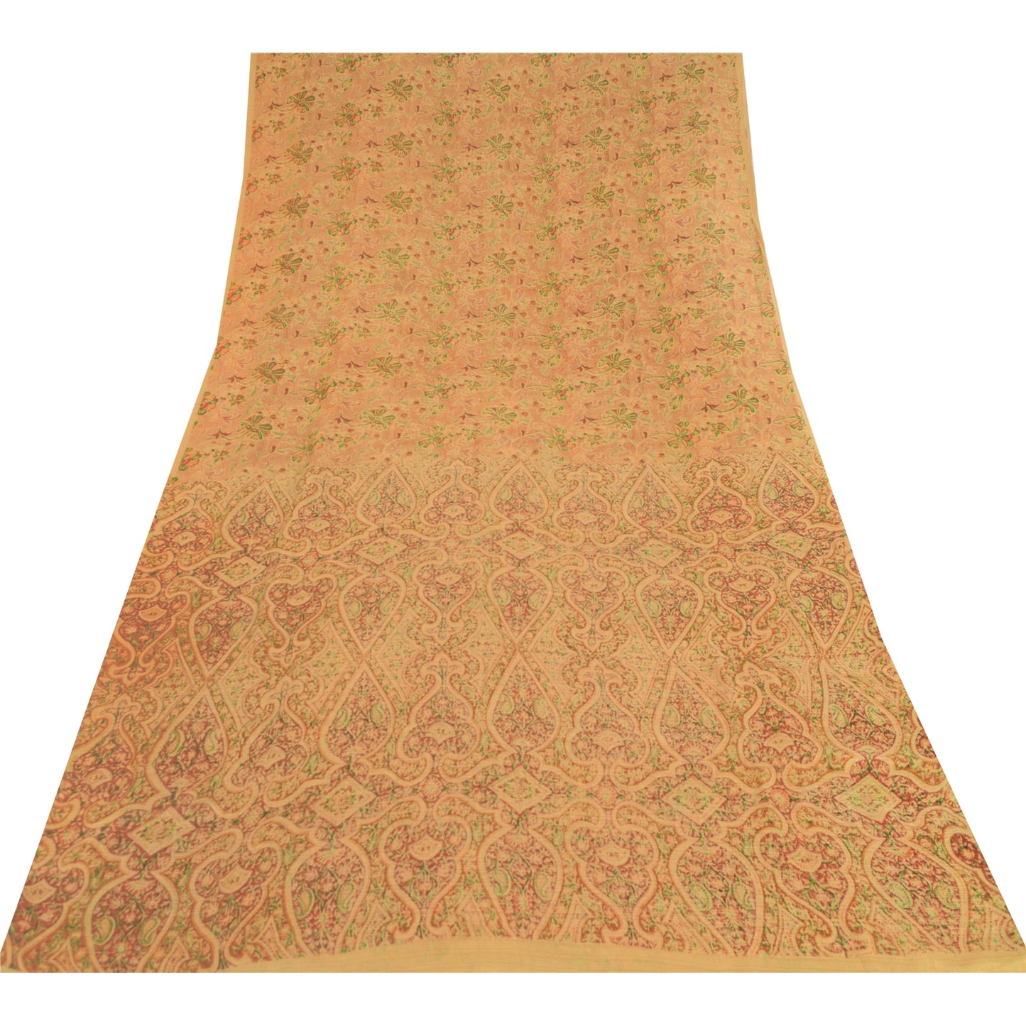 Sanskriti Vintage Sarees Cream Indian Pure Silk Printed Sari 5yd Craft Sustainable Fabric