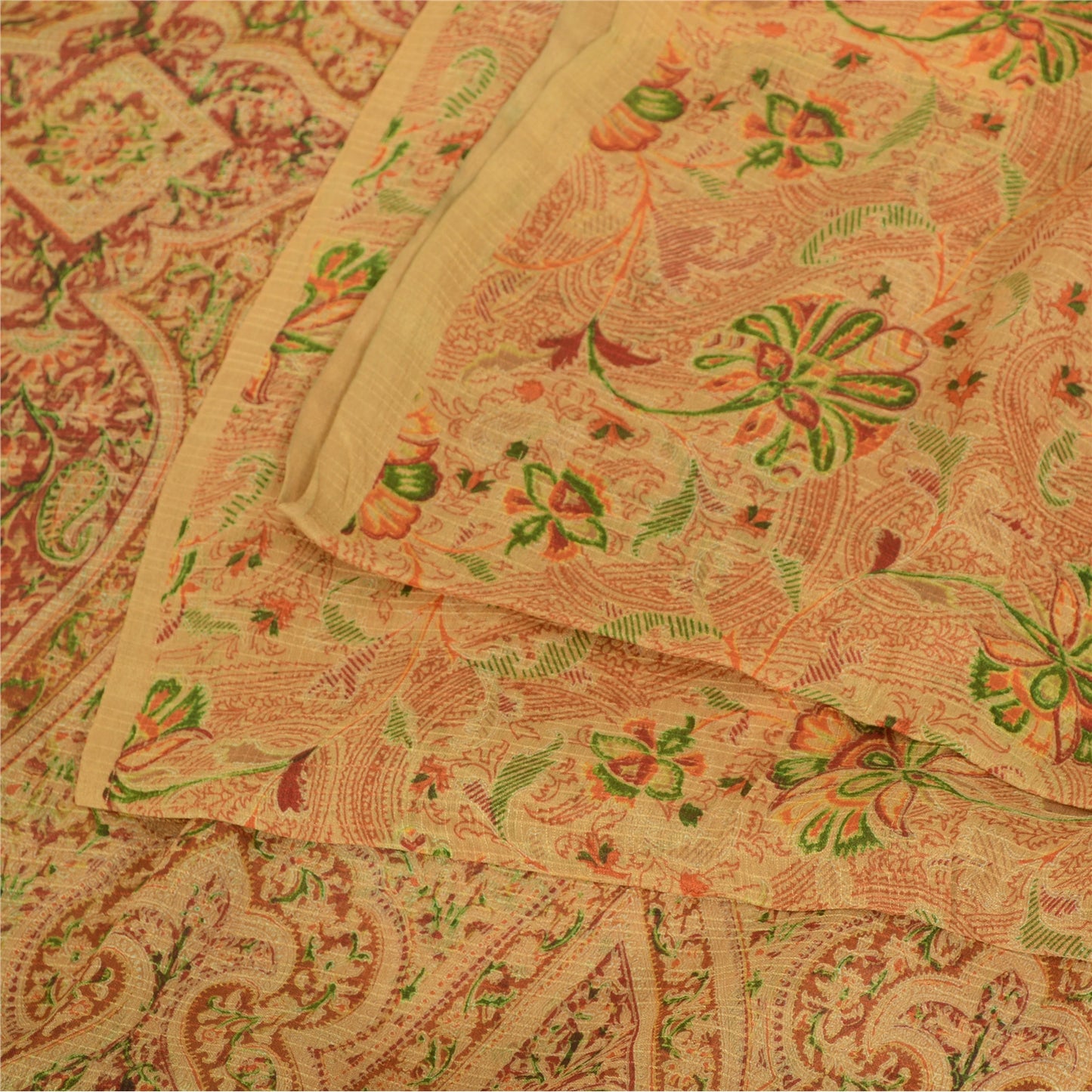 Sanskriti Vintage Sarees Cream Indian Pure Silk Printed Sari 5yd Craft Sustainable Fabric