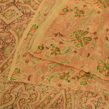 Sanskriti Vintage Sarees Cream Indian Pure Silk Printed Sari 5yd Craft Sustainable Fabric