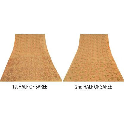 Sanskriti Vintage Sarees Cream Indian Pure Silk Printed Sari 5yd Craft Sustainable Fabric