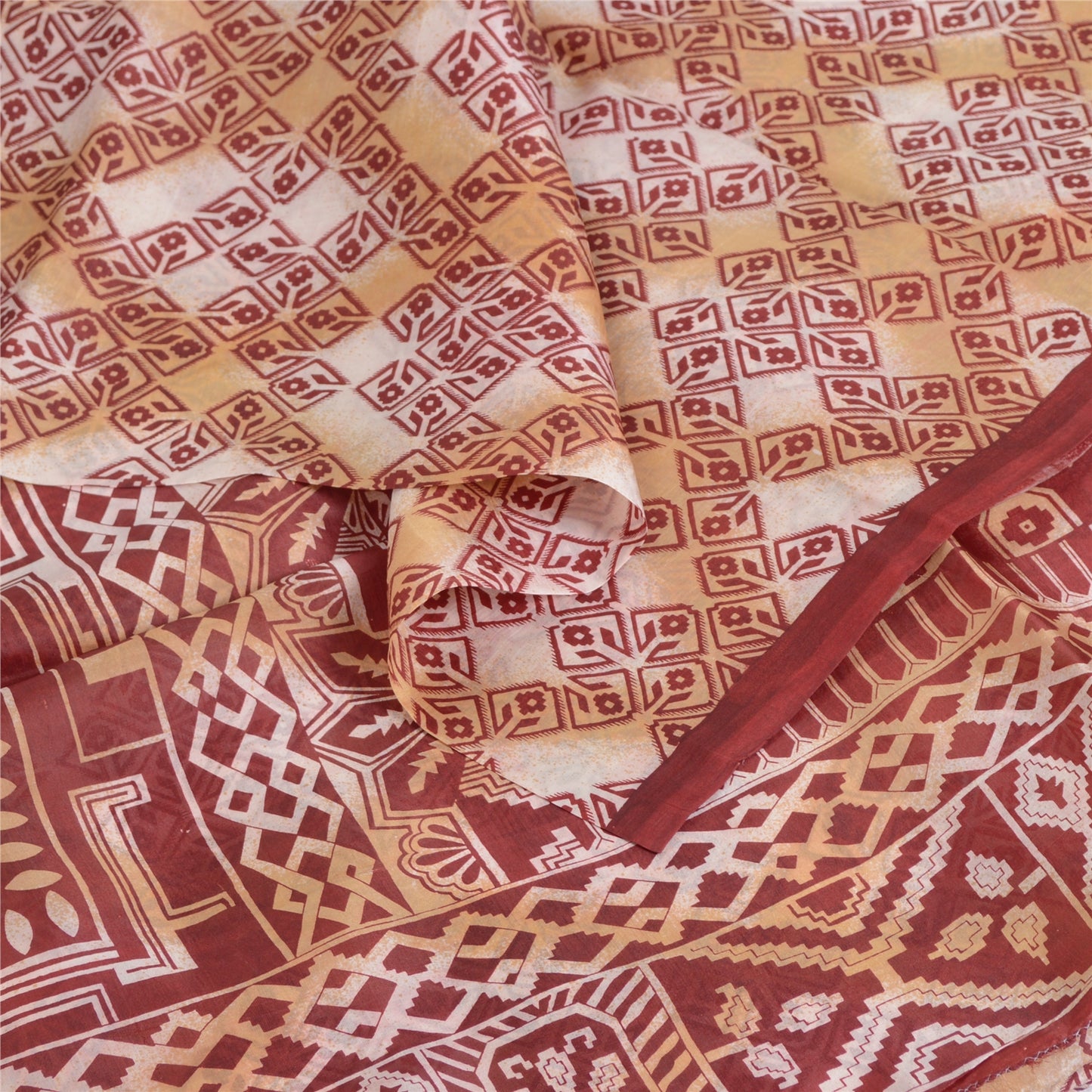 Sanskriti Vintage Sarees Red/Cream 100% Pure Silk Printed Sari 5yd Craft Sustainable Fabric
