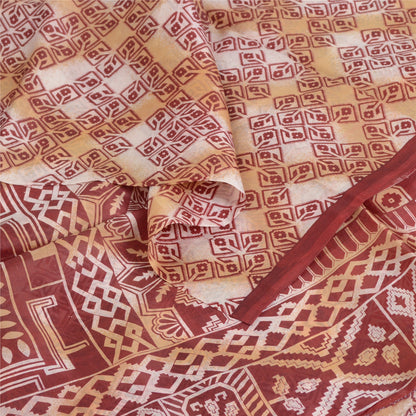 Sanskriti Vintage Sarees Red/Cream 100% Pure Silk Printed Sari 5yd Craft Sustainable Fabric