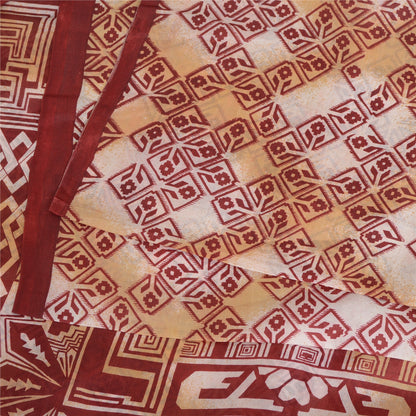 Sanskriti Vintage Sarees Red/Cream 100% Pure Silk Printed Sari 5yd Craft Sustainable Fabric