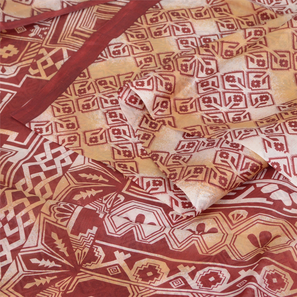 Sanskriti Vintage Sarees Red/Cream 100% Pure Silk Printed Sari 5yd Craft Sustainable Fabric
