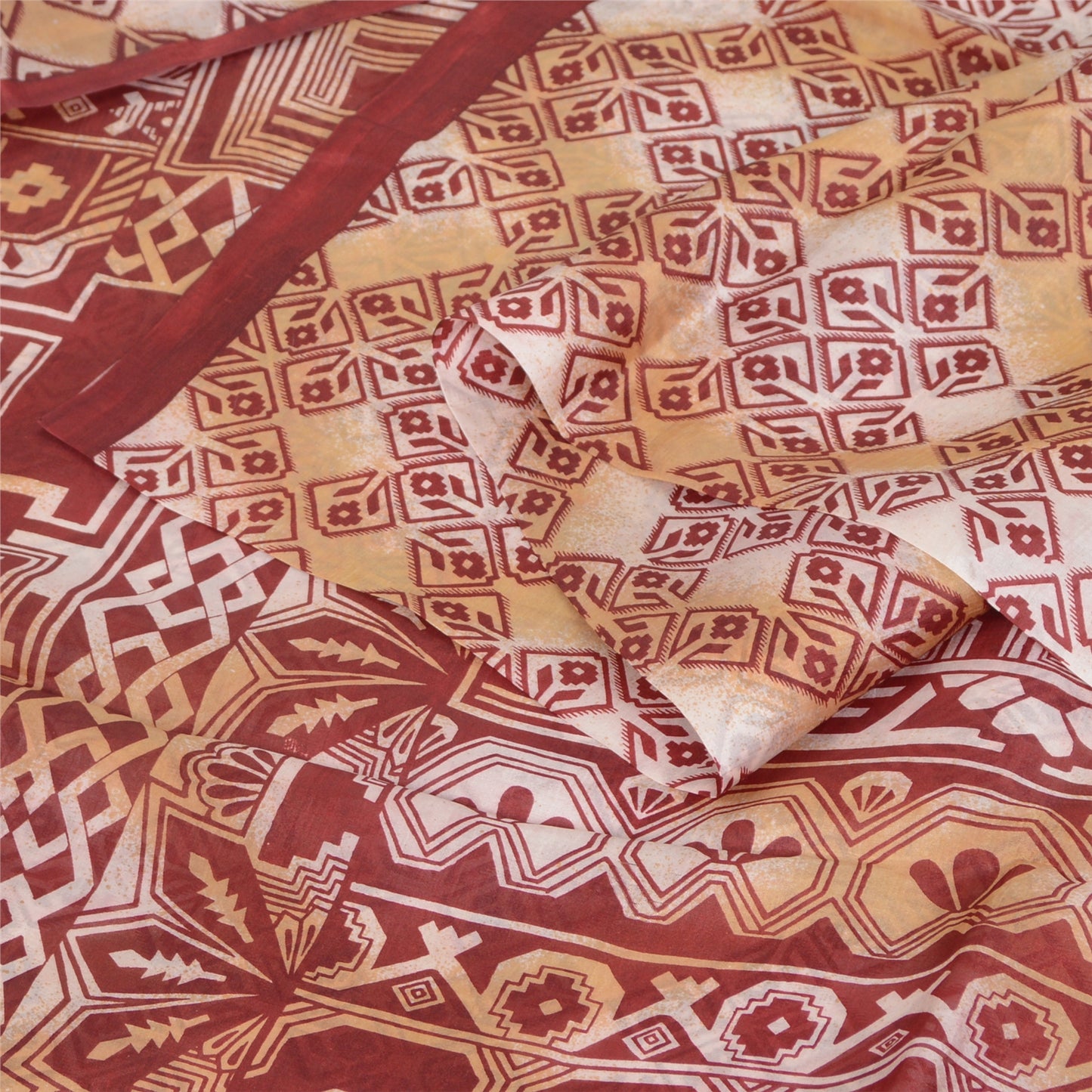 Sanskriti Vintage Sarees Red/Cream 100% Pure Silk Printed Sari 5yd Craft Sustainable Fabric