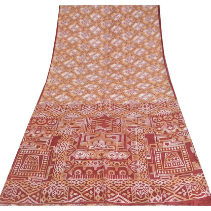 Sanskriti Vintage Sarees Red/Cream 100% Pure Silk Printed Sari 5yd Craft Sustainable Fabric