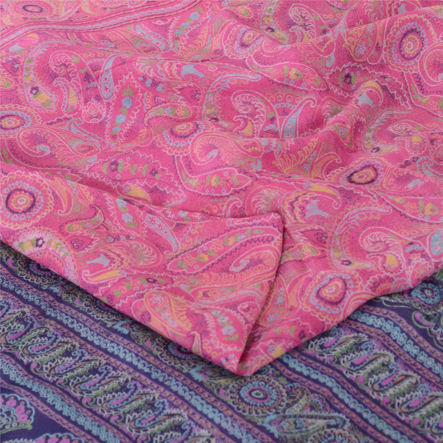 Sanskriti Vintage Sarees Pink/Purple Pure Silk Printed Sari 6yd Craft Sustainable Fabric