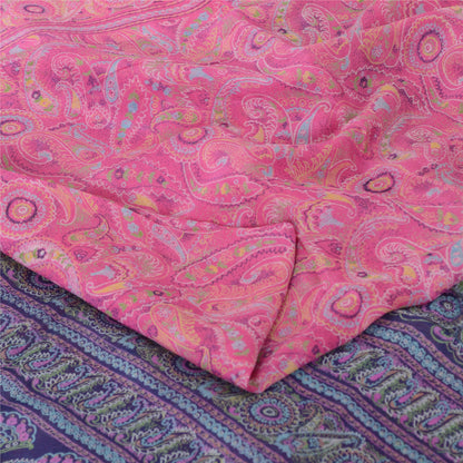 Sanskriti Vintage Sarees Pink/Purple Pure Silk Printed Sari 6yd Craft Sustainable Fabric