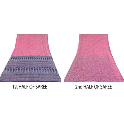 Sanskriti Vintage Sarees Pink/Purple Pure Silk Printed Sari 6yd Craft Sustainable Fabric