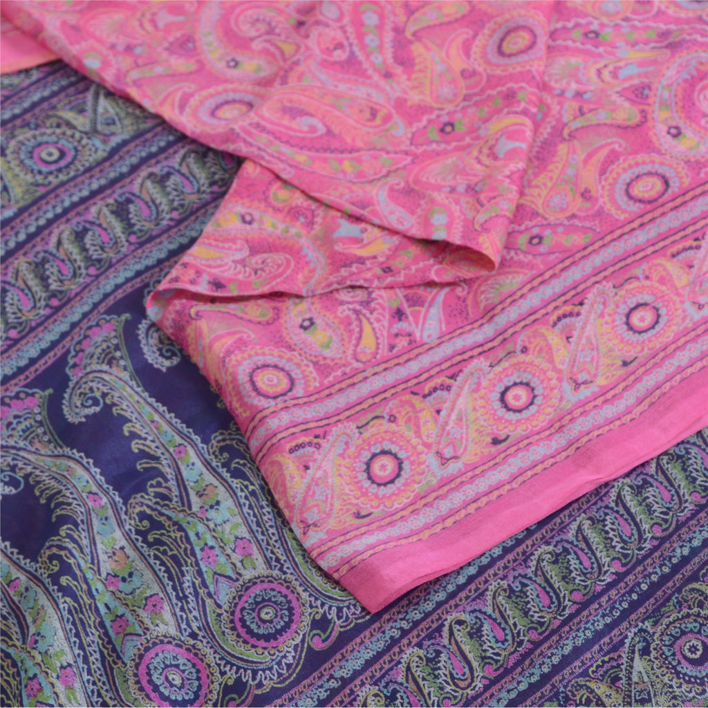 Sanskriti Vintage Sarees Pink/Purple Pure Silk Printed Sari 6yd Craft Sustainable Fabric