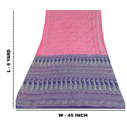 Sanskriti Vintage Sarees Pink/Purple Pure Silk Printed Sari 6yd Craft Sustainable Fabric