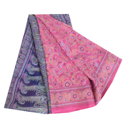 Sanskriti Vintage Sarees Pink/Purple Pure Silk Printed Sari 6yd Craft Sustainable Fabric