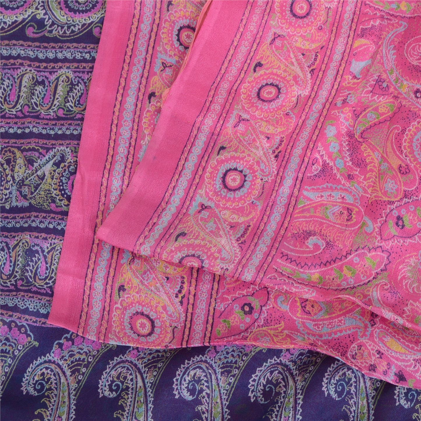 Sanskriti Vintage Sarees Pink/Purple Pure Silk Printed Sari 6yd Craft Sustainable Fabric