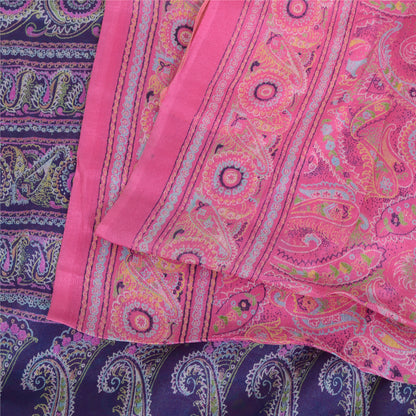 Sanskriti Vintage Sarees Pink/Purple Pure Silk Printed Sari 6yd Craft Sustainable Fabric