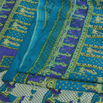Sanskriti Vintage Sarees Indian Blue Pure Silk Women Printed Sari Craft Sustainable Fabric