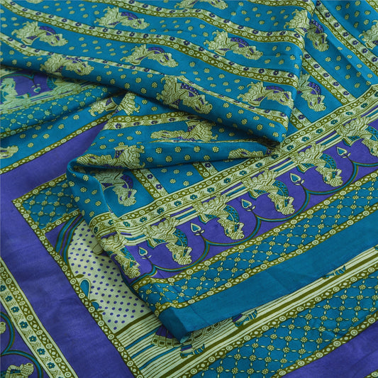Sanskriti Vintage Sarees Indian Blue Pure Silk Women Printed Sari Craft Sustainable Fabric